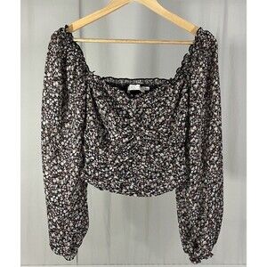 ASTR Floral Black Wine Ditsy Long Sleeve Puff Sleeve Cropped Blouse Size XS